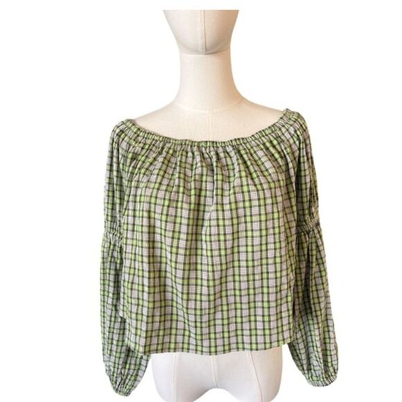 Topshop Green Plaid Off Shoulder Peasant Blouse Long Sleeve Women's US 6 NWT - Picture 1 of 6